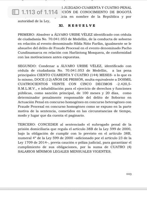 Álvaro Uribe, expresidente de Colombia, condenado a 12 años de prisión por soborno y fraude $!Álvaro Uribe, expresidente de Colombia, condenado a 12 años de prisión por soborno y fraude