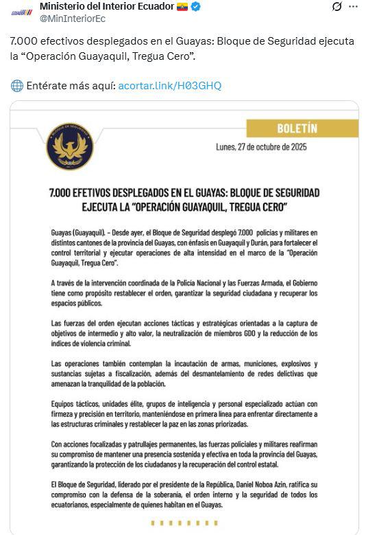 'Operación Guayaquil, tregua cero': Gobierno envía 7.000 policías ante violencia y amenaza de coches bomba $!'Operación Guayaquil, tregua cero': Gobierno envía 7.000 policías ante violencia y amenaza de coches bomba