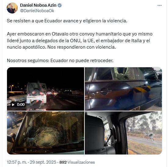 Daniel Noboa dice que su convoy fue emboscado en Otavalo, cuando viajaba junto a delegados de la ONU $!Daniel Noboa dice que su convoy fue emboscado en Otavalo, cuando viajaba junto a delegados de la ONU