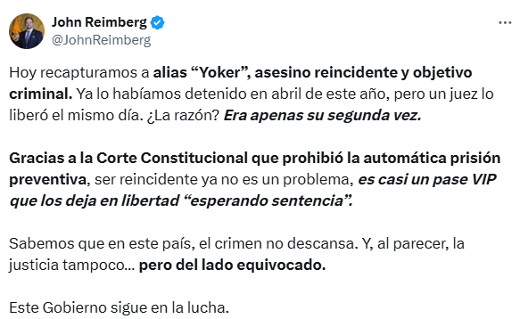 El ministro del Interior, John Reimberg, se pronunció tras recaptura de alias Yoker. $!El ministro del Interior, John Reimberg, se pronunció tras recaptura de alias Yoker.