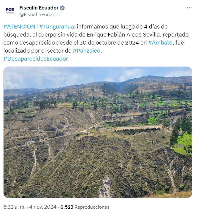 La Fiscalía reportó el hallazgo del cuerpo de Arcos en sus redes sociales. $!La Fiscalía reportó el hallazgo del cuerpo de Arcos en sus redes sociales.