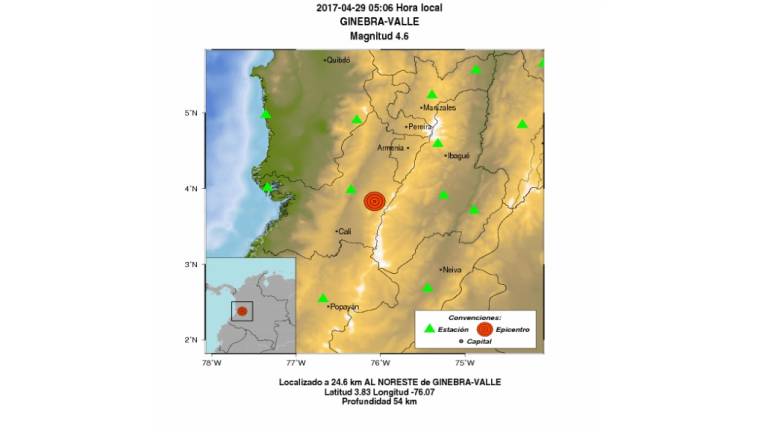 Sismo de magnitud 4,6 sacudió el suroeste de Colombia sin causar daños