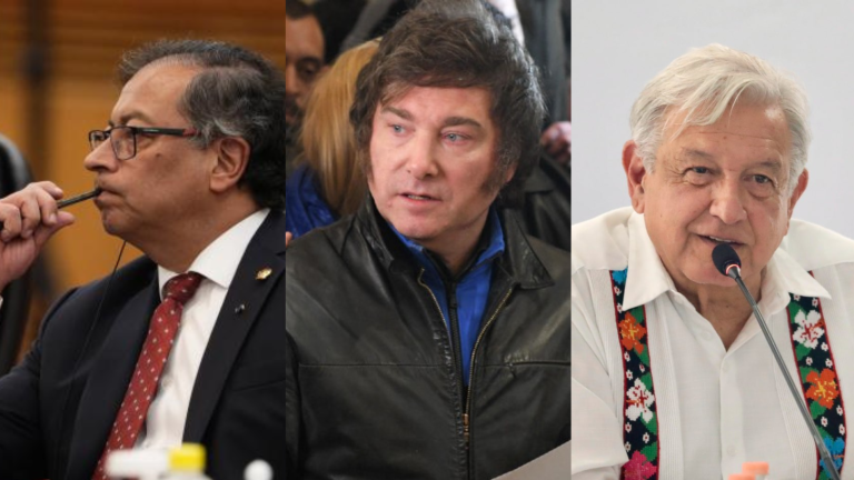 De izquierda a derecha, fotografías de archivo de los mandatarios Gustavo Petro, Javier Milei y Andrés Manuel López Obrador.