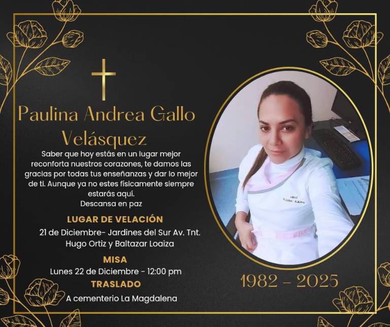 Nota de pesar por el fallecimiento de Paulina Andrea Gallo. $!Nota de pesar por el fallecimiento de Paulina Andrea Gallo.