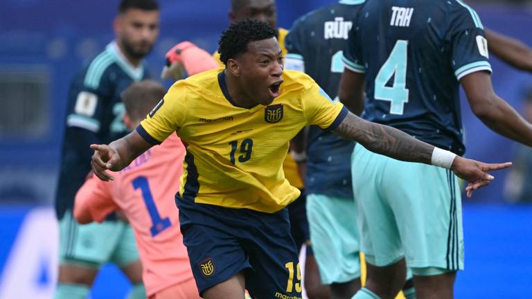 Ecuador's midfielder #19 Gonzalo Plata celebrates scoring his team's second goal during the 2026 World Cup Group E football match between Ecuador and Germany at the New York/New Jersey Stadium in East Rutherford on June 25, 2026. (Photo by MAURO PIMENTEL / AFP)