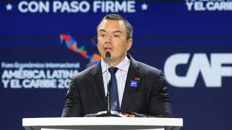 El presidente de Ecuador, Daniel Noboa, habla durante el Foro Económico Internacional América Latina y el Caribe 2026 este miércoles, en Ciudad de Panamá.