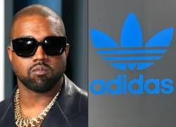 Combinación de fotos tras la ruptura comercial que realizó Adidas con el rapero Kanye West, debido a los comentarios antisemitas realizados por el artista. Kanye West atendiendo la Vanity Fair Oscar Party del 2020 y el logo de la marca deportiva Adidas de una tienda en Alemania (2021).