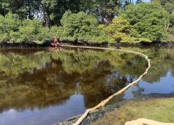 Fotografía que muestra un cerco flotante siendo desplegado en el área afectada del manglar.