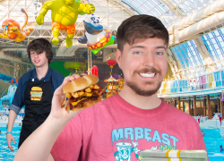 El youtuber sosteniendo una de las hamburguesas de su cadena, en una imagen promocional.