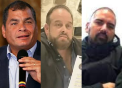 En la izquierda el expresidente Rafael Correa. En el centro, el vinculado al caso Metástasis, Xavier Jordán. En la derecha, el narcotraficante asesinado, Leandro Norero.