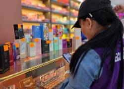 Una agente de la ARCSA inspecciona productos en un local de La Bahía, en el centro de Guayaquil.