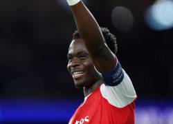 Bukayo Saka celebrando el gol frente al Atlético de Madrid en semifinales de Champions League.