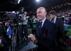 President of the Royal Spanish Football Federation Luis Rubiales (C) reacts at the end of the Australia and New Zealand 2023 Women's World Cup final football match between Spain and England at Stadium Australia in Sydney on August 20, 2023. (Photo by FRANCK FIFE / AFP)