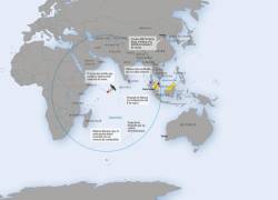 El círculo en el mapa muestra la máxima distancia que el vuelo MH370 de Malaysia Airlines pudo haber recorrido con la cantidad de combustible que llevaba al despegar.