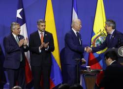 Los presidentes Alberto Fernández (Argentina), Mario Abdo Benítez (Paraguay), Joe Biden (Estados Unidos) y Guillermo Lasso (Ecuador), durante la ceremonia de firma de la Declaración de Los Ángeles sobre migración y protección.