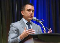 El presidente Daniel Noboa pronuncia un discurso en la mayor feria de la minería del mundo (PDAC), este lunes en Toronto (Canadá).