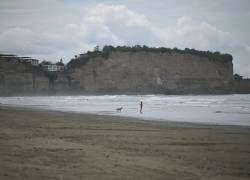 Una mujer y su perro parados en la orilla de la playa en Olón, Ecuador.