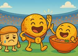 Pan con chicharrón, bolón y encebollado, en una caricatura.