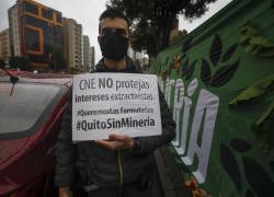 Activistas del colectivo ambientalista Quito Sin Minería y ciudadanos en general protestan hoy frente a la sede del Consejo Nacional Electoral (CNE) de Ecuador, en Quito (Ecuador).