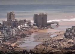 Esta imagen extraída de fotos publicadas en las redes sociales por el canal de televisión libio al-Masar el 13 de septiembre muestra una vista aérea de los grandes daños causados ​​por las inundaciones después de que la tormenta mediterránea Daniel azotara la ciudad de Derna, en el este de Libia.