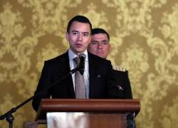 El presidente de Ecuador, Daniel Noboa, habla durante el acto de nombramiento de su Gabinete, hoy, en Quito.