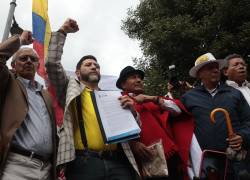 Fotografía que muestra al abogado Washington Andrade (2-I) y al dirigente indígena Leonidas Iza (3-I) frente a la sede del Consejo Nacional Electoral (CNE).