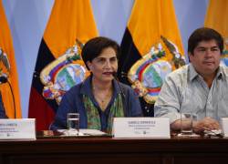 Quito, 05 de abril de 2024. De izquierda a derecha Roberto Izurieta, Gabriela Sommerfield, Arturo Félix Wong, Marcelo Vázquez, en rueda de prensa en las instalaciones de la Cancillería sobre la legitimidad del arresto del exvicepresidente Jorge Glas en la embajada mexicana en Quito.