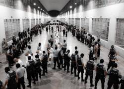 Fotografía cedida por la Presidencia de El Salvador, donde se observa a guardias del Centro de Confinamiento del Terrorismo trasladando a supuestos miembros de la banda criminal conocida como Tren de Aragua.