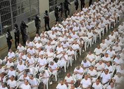 Presuntos miembros de la pandilla Mara Salvatrucha (MS-13) asisten a una audiencia judicial por videoconferencia en el Centro de Confinamiento por Terrorismo (CECOT) en Tecoluca, El Salvador.