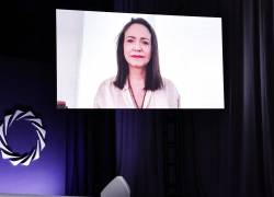 María Corina Machado habla vía video durante la Cumbre Anual Concordia 2024 en el Sheraton New York Times Square el 25 de septiembre de 2024 en la ciudad de Nueva York.
