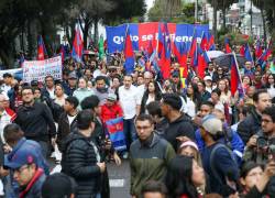 Fotografía que muestra al alcalde de Quito, Pabel Muñoz, liderando una marcha contra reformas al COOTAD.