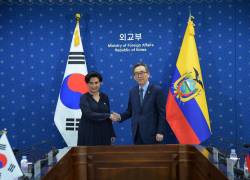 Fotografía cedida por el Gobierno en la que aparecen la canciller ecuatoriana Gabriela Sommerfeld y su homólogo coreano, Cho Tae-Yul.