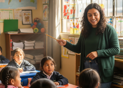 Mujer docente impartiendo clases a niños de primaria.