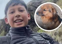 Imagen que muestra a Lucas Campaña, el niño de 11 años que se extravió por cuatro días en el cerro Puñay, y al perro con el que se encontró.