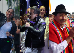 Combo de fotografías de los cierres de campaña de los candidatos Luisa González (I), Daniel Noboa (C) y Leonidas Iza (D).