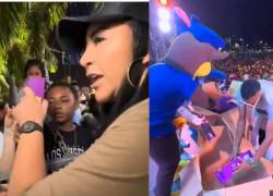 Combo de imágenes que muestra a la prefecta Roberta Zambrano (I) entregando muñecos a niños de la audiencia. Al mismo tiempo, su equipo, entre ellos personas disfrazadas de personajes, repartían las figuras de forma masiva (D).