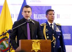 Fotografía cedida por la Presidencia de Ecuador del presidente de Ecuador, Daniel Noboa, durante una rueda de prensa este viernes, en Quito (Ecuador).