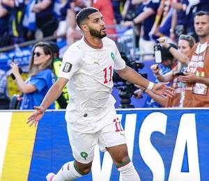 Ismael Saibari, celebrando el gol anotado en el partido entre Marruecos y Escocia.