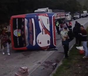 El bus interprovincial quedó volcado en la vía.