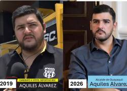 Una composición que contrasta a Aquiles Alvarez en 2019, cuando debía acreditar 35 años para aspirar a la vicepresidencia de Barcelona, con una imagen suya en 2026 como alcalde de Guayaquil.