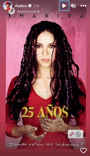 $!Captura de pantalla de una imagen que subió Shakira a Instagram en conmemoración a los 25 años del disco ¿Dónde están los ladrones?