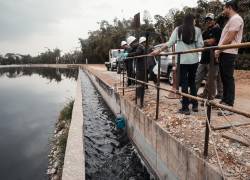 Fotografía que muestra a equipos técnicos del Gobierno analizando el agua una planta de tratamiento en Guayaquil.