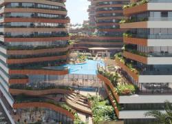 El espacio interior entre torres, estará definido por curvas naturales y orgánicas, retrocesos y volados irregulares, balcones y abundante vegetación.