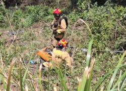Fotografía que muestra a dos bomberos durante las labores de rescate de los cuerpos.