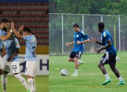 Composición de Universidad Católica disputando un partido y Emelec en entrenamientos.