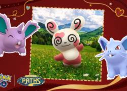 Dos Pokémon Nidoran junto a Spinda con patrón de corazones.