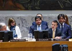 Fotografía del presidente de Ecuador, Daniel Noboa, interviniendo en una sesión del Consejo de Seguridad de la Organización de las Naciones Unidas.
