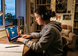 Adolescente realizando tareas en su computadora portátil.