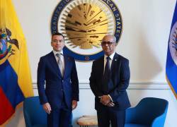 Daniel Noboa y el secretario general de la OEA, Albert Ramdin, antes de la intervención del mandatario ante el órgano, el pasado 14 de mayo.