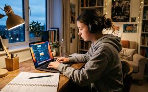 Adolescente realizando tareas en su computadora portátil.